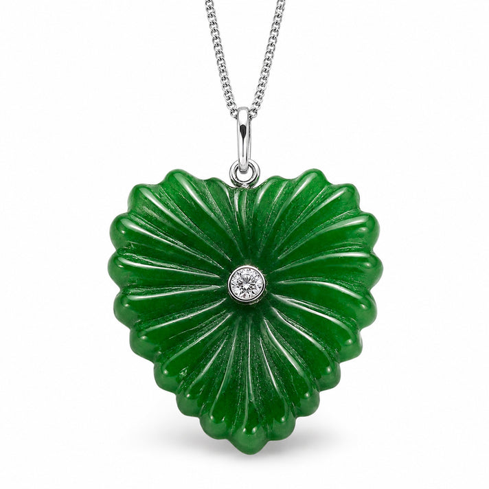 D'Joy - Dyed Green Jade &amp; Lab Grown Diamond Heart Pendant with Chain (Size 18) &amp; Lobster Clasp in Rhodium Overlay Sterling Silver 40.50 Ct. 4486312 1