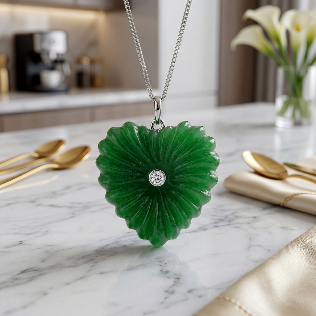 D'Joy - Dyed Green Jade & Lab Grown Diamond Heart Pendant with Chain (Size 18) & Lobster Clasp in Rhodium Overlay Sterling Silver 40.50 Ct._4486312_2