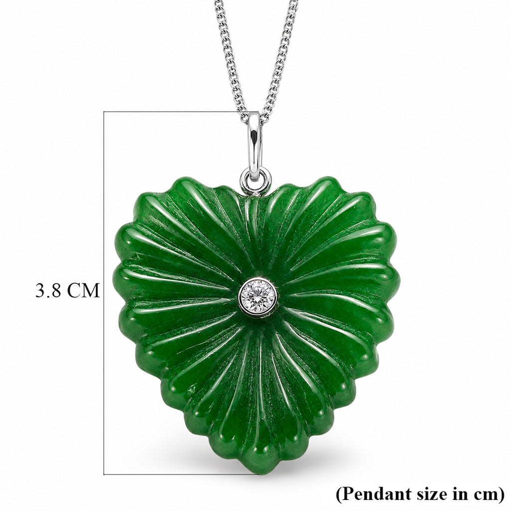 D'Joy - Dyed Green Jade & Lab Grown Diamond Heart Pendant with Chain (Size 18) & Lobster Clasp in Rhodium Overlay Sterling Silver 40.50 Ct._4486312_6