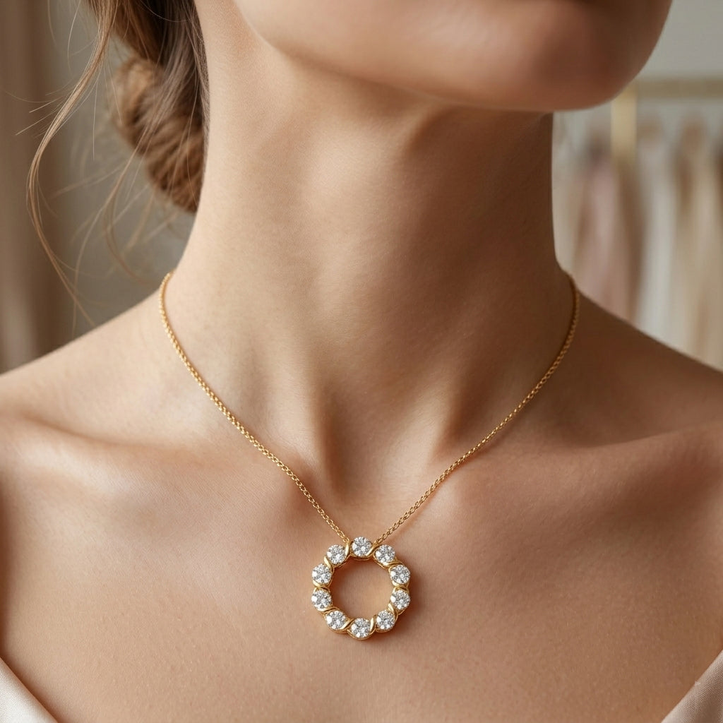 GRA Certified (D-VVS1) Moissanite Circle Cluster Pendant with Chain (Size 18) in Yellow Gold Plated Sterling Silver 1.10 Ct._4486622_2