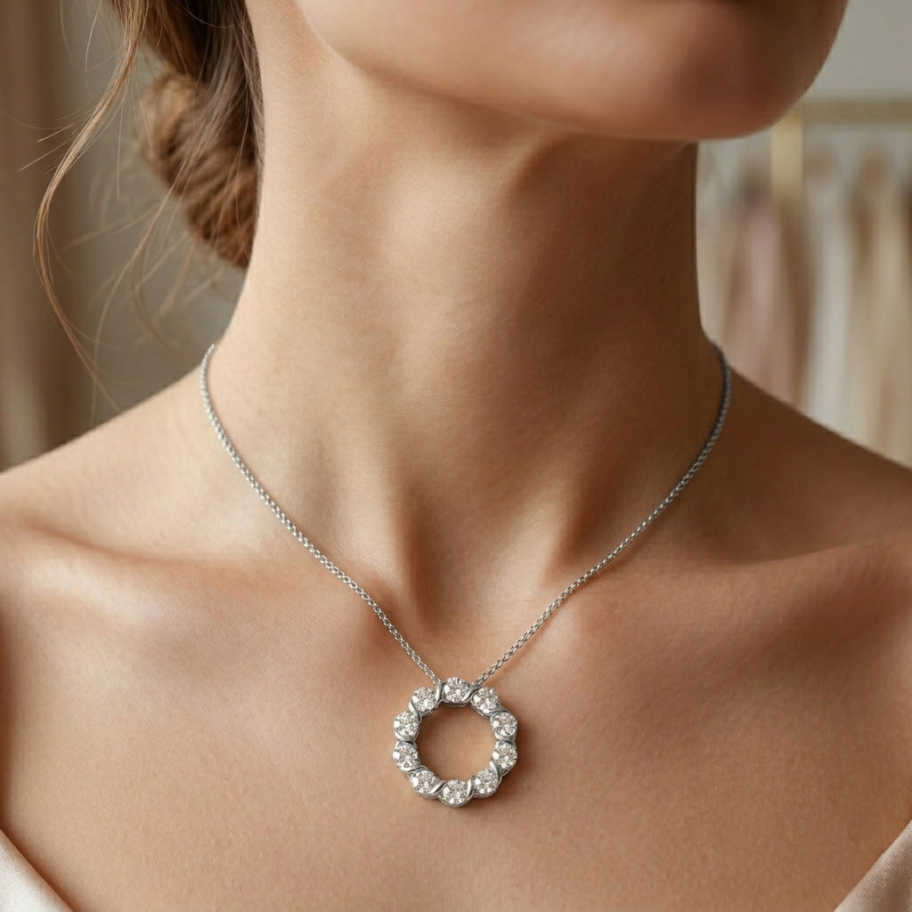 GRA Certified Moissanite Circle Cluster Pendant with Chain (Size 18) in Rhodium Overlay Sterling Silver 1.10 Ct._4486624_2