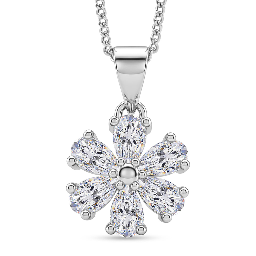 GRA Certified Moissanite Floral Pendant with Chain (Size 18) in Rhodium Overlay Sterling Silver 1.32 Ct._4486979