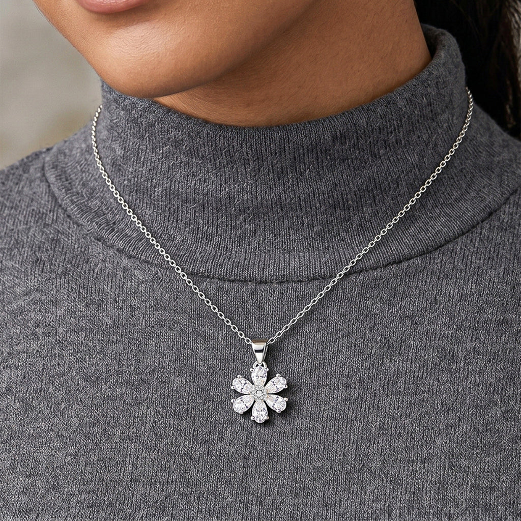 GRA Certified Moissanite Floral Pendant with Chain (Size 18) in Rhodium Overlay Sterling Silver 1.32 Ct._4486979_1