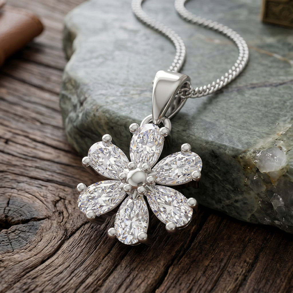 GRA Certified Moissanite Floral Pendant with Chain (Size 18) in Rhodium Overlay Sterling Silver 1.32 Ct._4486979_2