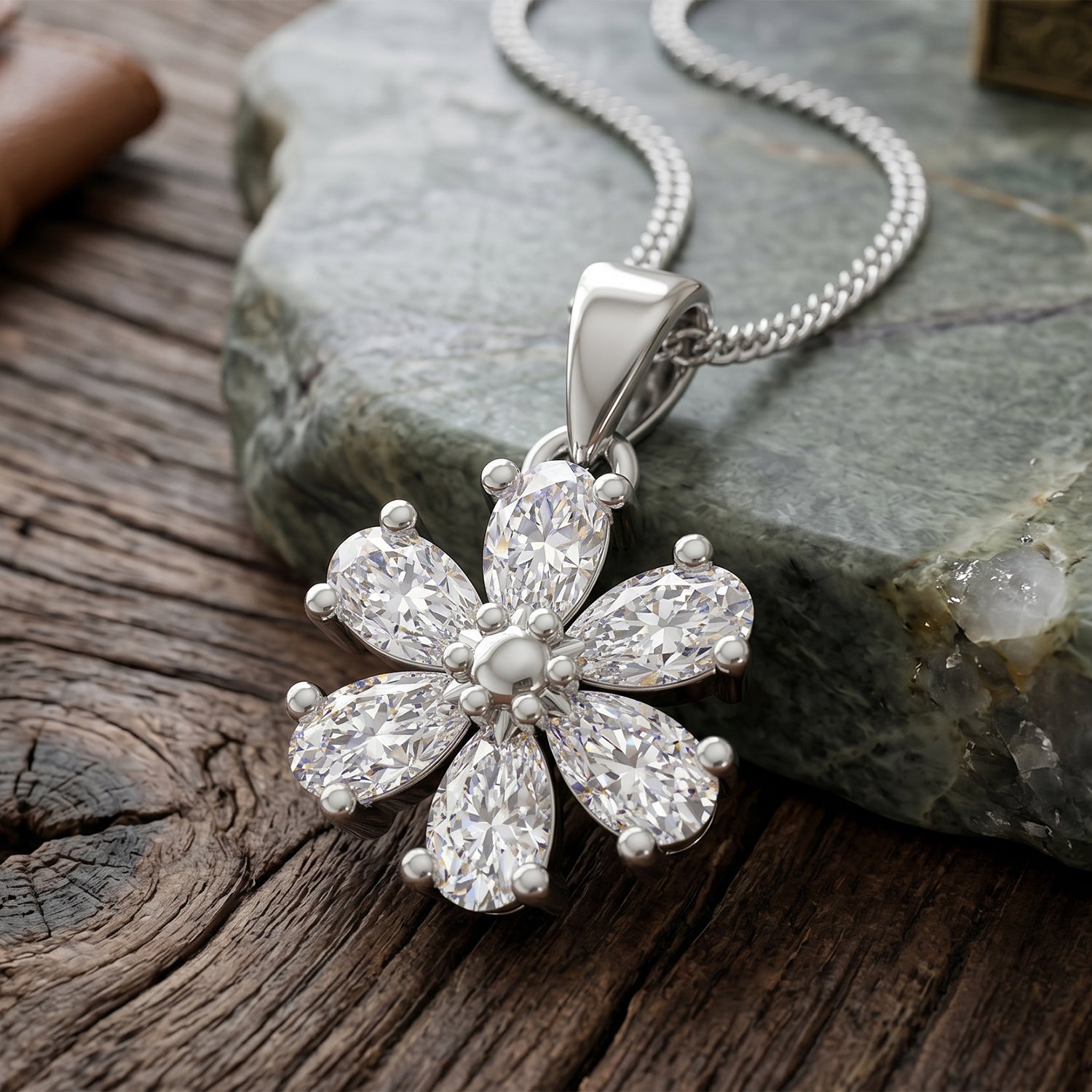 GRA Certified Moissanite Floral Pendant with Chain (Size 18) in Rhodium Overlay Sterling Silver 1.32 Ct. V32520676 3