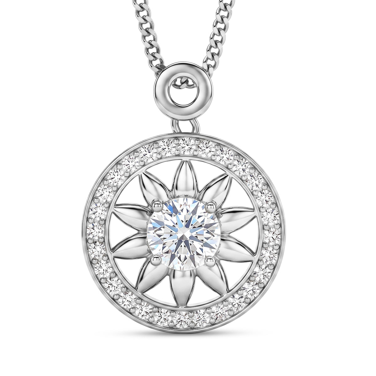 GRA Certified Moissanite Sunburst Pendant with Chain (Size 18) in Rhodium Overlay Sterling Silver 1.20 Ct. V32539442 0
