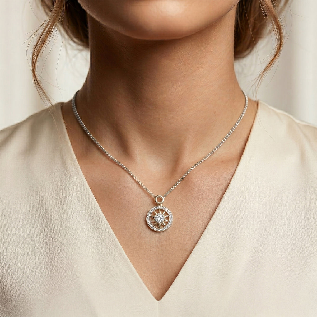 GRA Certified Moissanite Sunburst Pendant with Chain (Size 18) in Rhodium Overlay Sterling Silver 1.20 Ct. V32539442 2