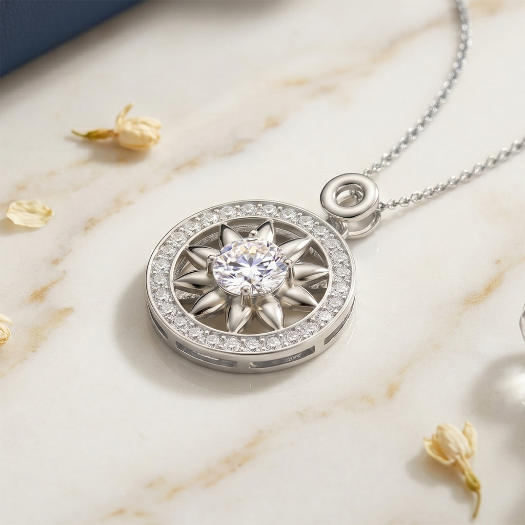 GRA Certified Moissanite Sunburst Pendant with Chain (Size 18) in Rhodium Overlay Sterling Silver 1.20 Ct._4486981_2