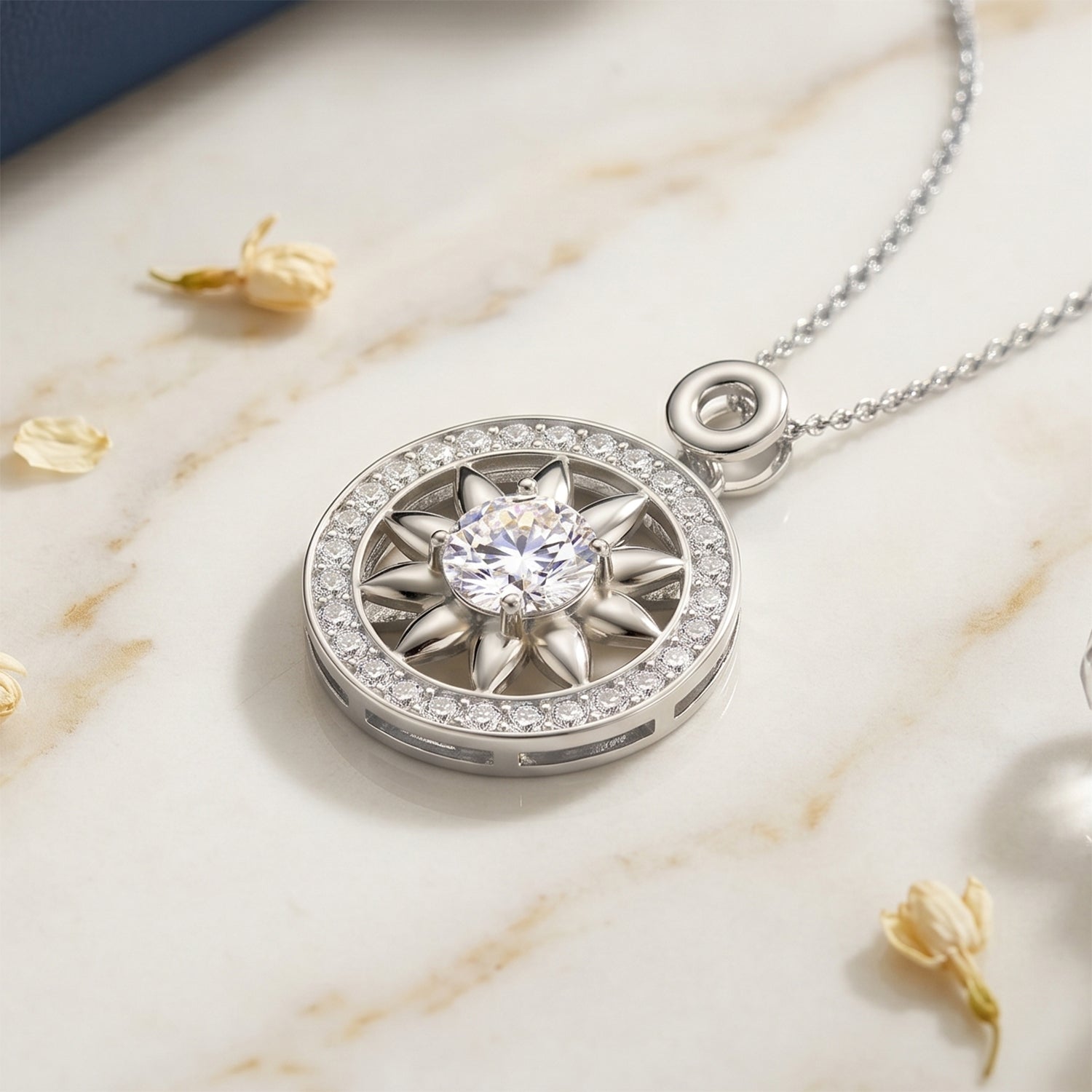 GRA Certified Moissanite Sunburst Pendant with Chain (Size 18) in Rhodium Overlay Sterling Silver 1.20 Ct. V32539442 3