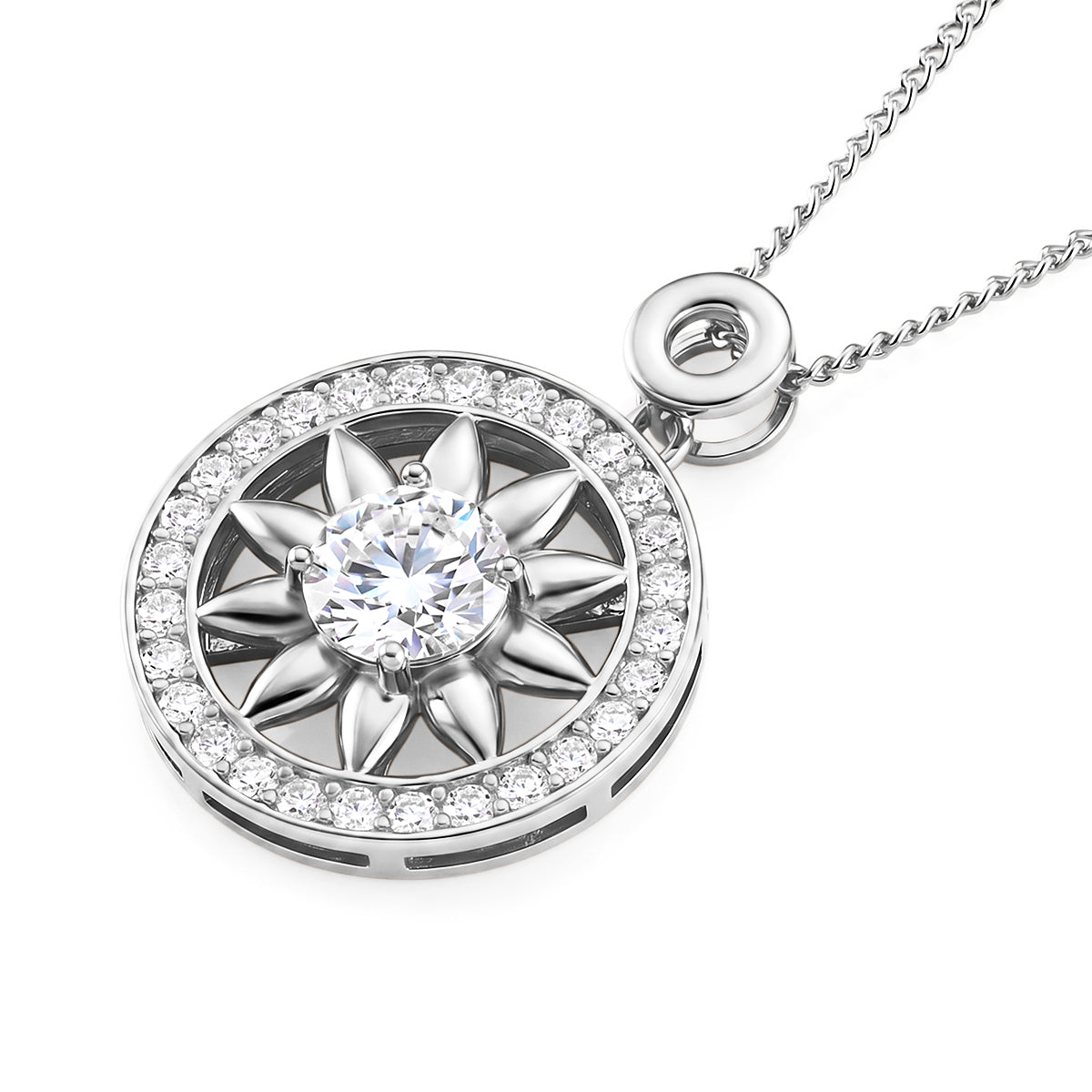 GRA Certified Moissanite Sunburst Pendant with Chain (Size 18) in Rhodium Overlay Sterling Silver 1.20 Ct. V32539442 4