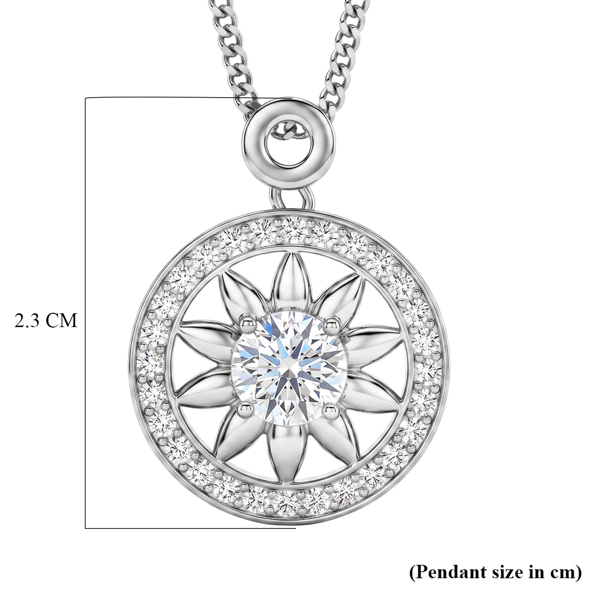 GRA Certified Moissanite Sunburst Pendant with Chain (Size 18) in Rhodium Overlay Sterling Silver 1.20 Ct. V32539442 7