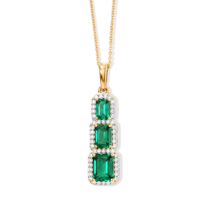 Lab Grown Columbian Emerald &amp; Lab Grown Diamond (SI/G-H) Trilogy Halo Pendant with Chain (Size 20) in 18K Vermeil Yellow Gold Plated Sterling Silver 3.20 Ct. 4487139 1