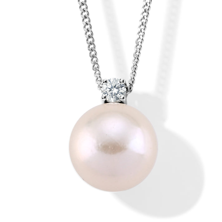 D'Joy - Premium White Edison Pearl (10-11mm) &amp; Lab Grown Diamond Ball Drop Pendant with Chain (Size 18) in Rhodium Overlay Sterling Silver 8.10 Ct. 4487593 1