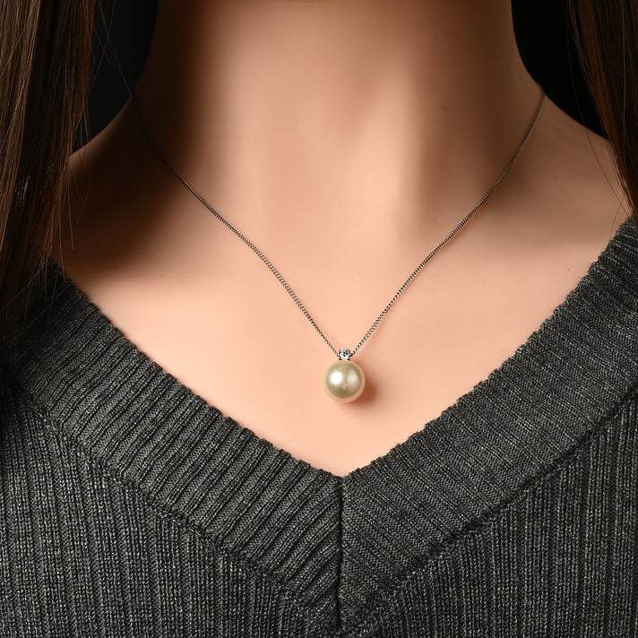 D'Joy - Premium White Edison Pearl (10-11mm) &amp; Lab Grown Diamond Ball Drop Pendant with Chain (Size 18) in Rhodium Overlay Sterling Silver 8.10 Ct. 4487593 2