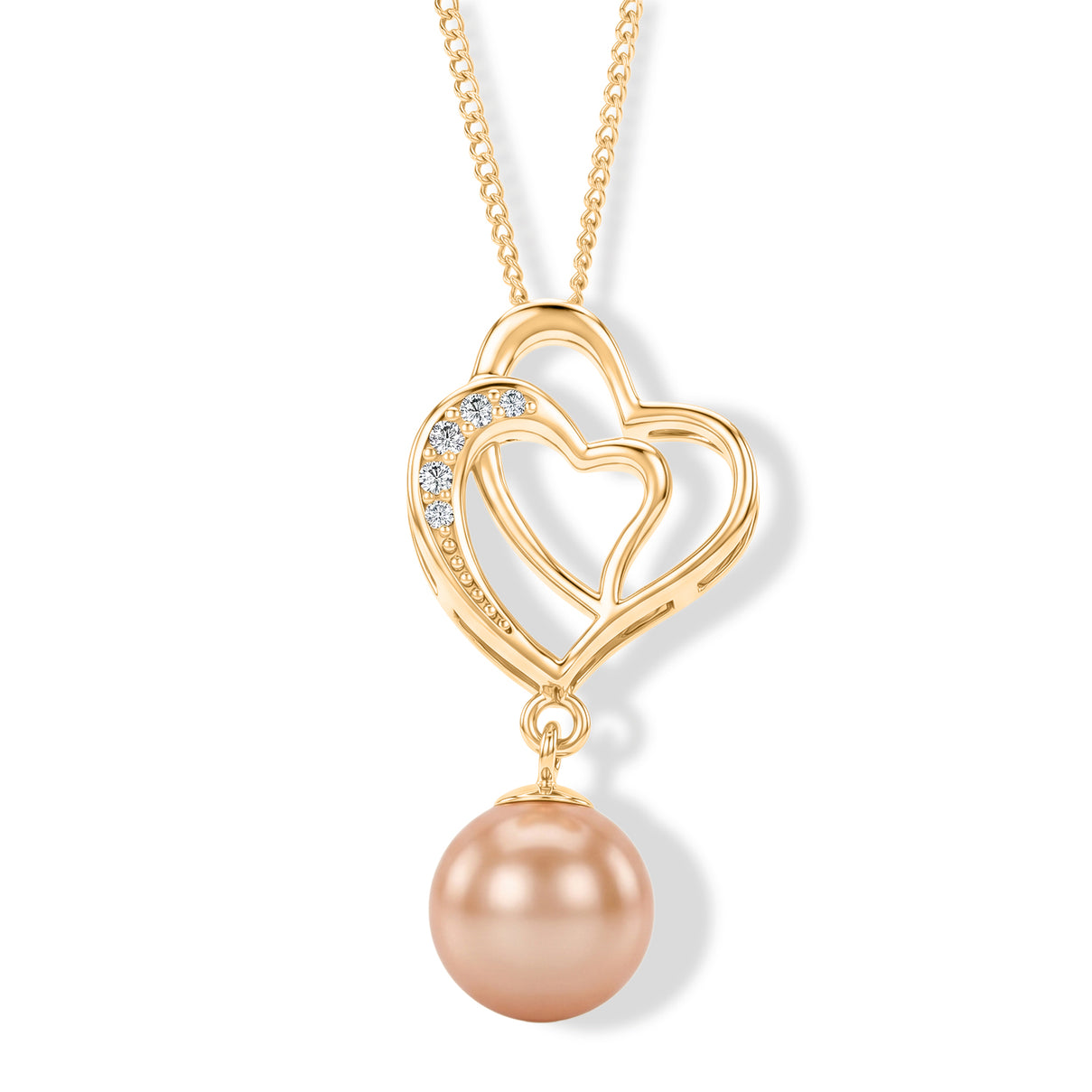 D'Joy - Premium Peach Edison (9-10mm) &amp; White Zircon Ball Drop Heart Pendant with Chain (Size 18) in Yellow Gold Plated Sterling Silver 6.00 Ct. 4487597 0