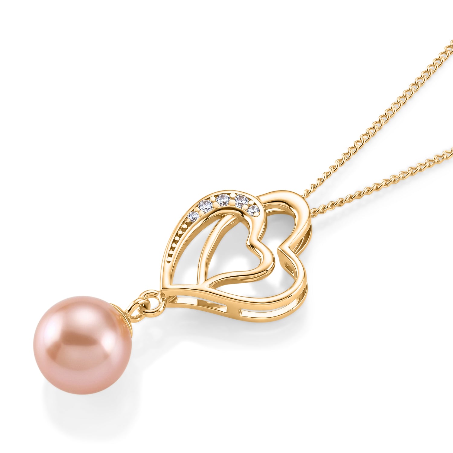 D'Joy - Premium Peach Edison (9-10mm) &amp; White Zircon Ball Drop Heart Pendant with Chain (Size 18) in Yellow Gold Plated Sterling Silver 6.00 Ct. 4487597 2