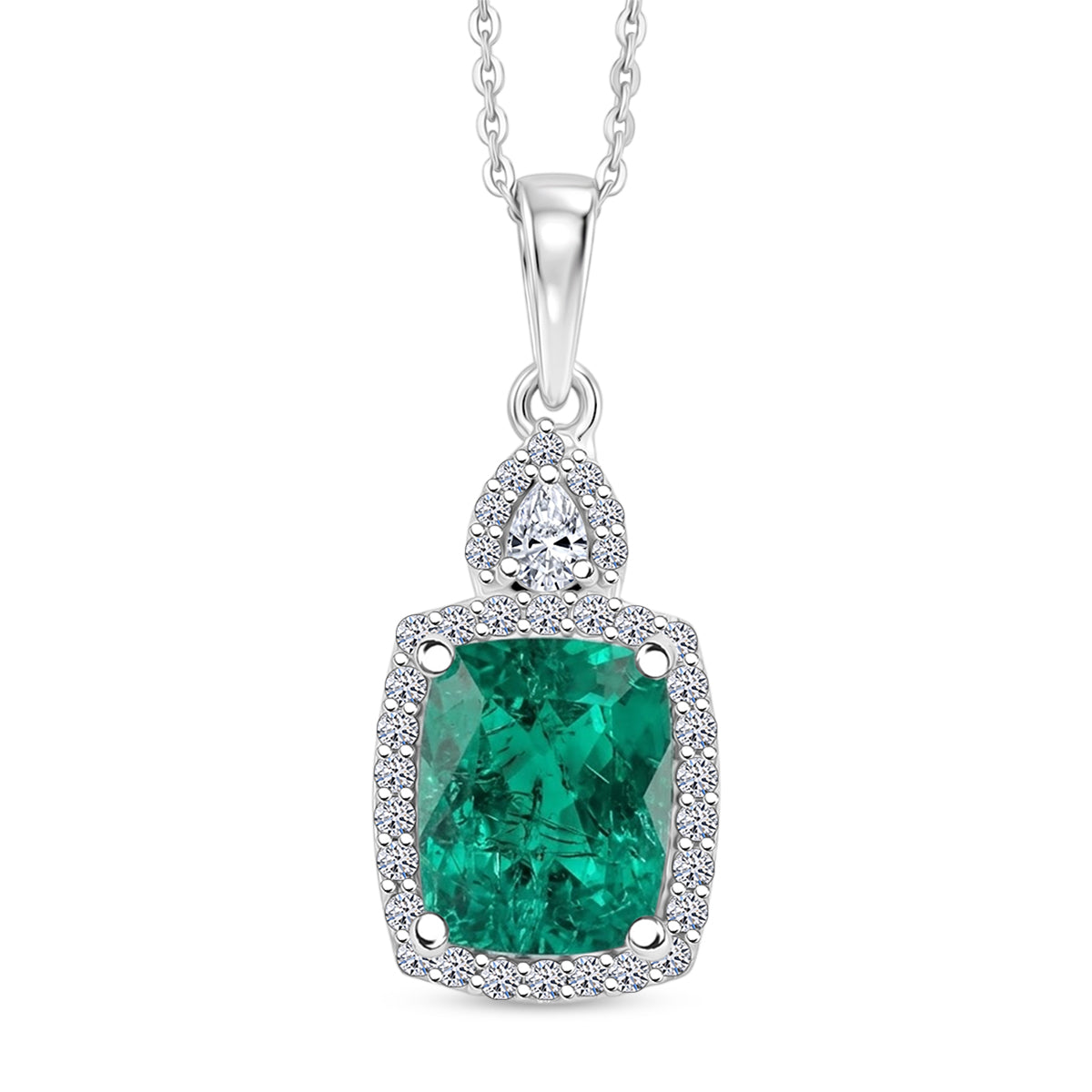 Luxuriant - AAA Lab Grown Colombian Emerald &amp; Lab Grown Diamond (SI-G-H) Halo Pendant with Chain (Size 20) in Rhodium Overlay Sterling Silver 3.37 Ct. 4487772 0