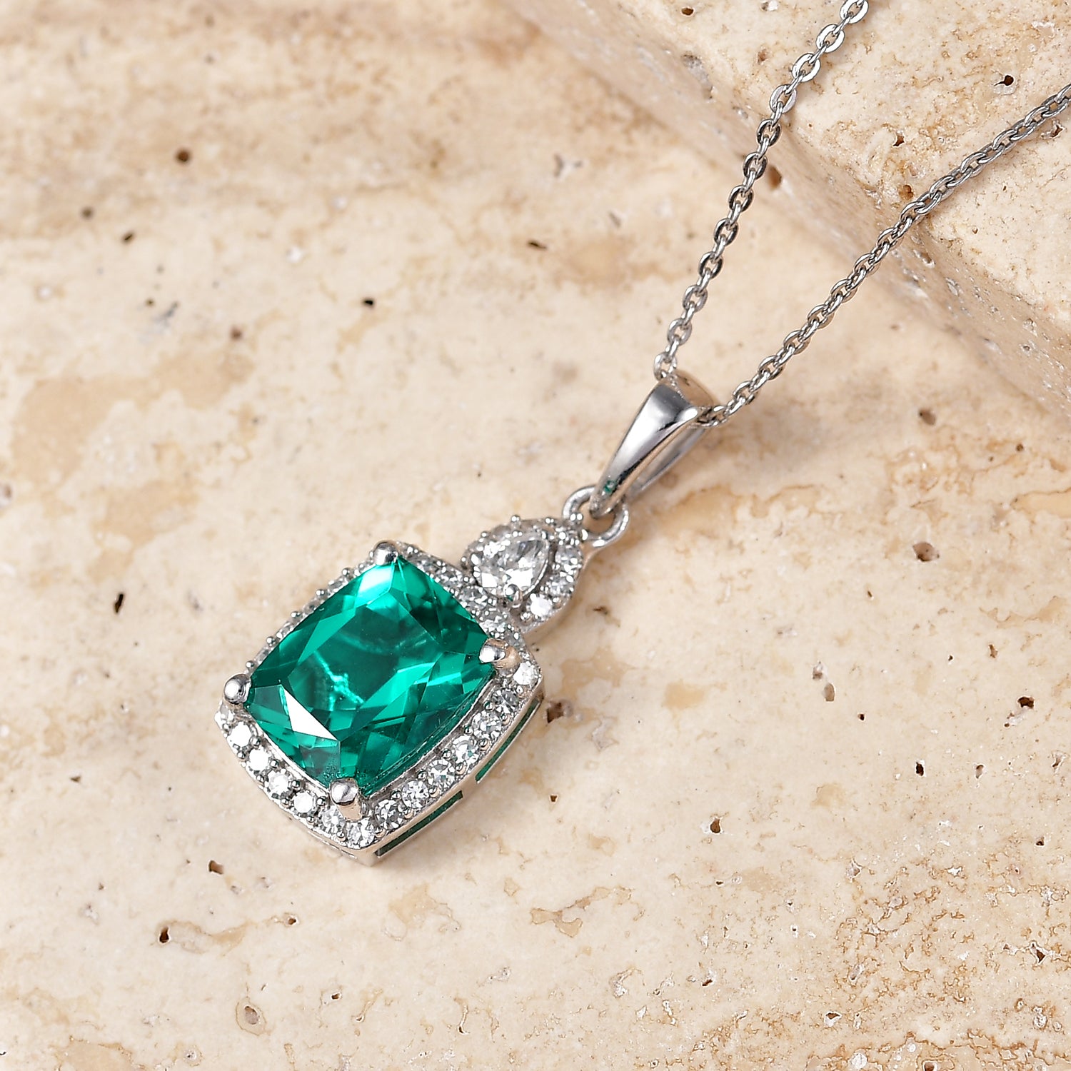 Luxuriant - AAA Lab Grown Colombian Emerald &amp; Lab Grown Diamond (SI-G-H) Halo Pendant with Chain (Size 20) in Rhodium Overlay Sterling Silver 3.37 Ct. 4487772 3