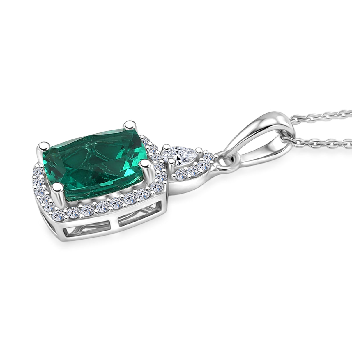 Luxuriant - AAA Lab Grown Colombian Emerald &amp; Lab Grown Diamond (SI-G-H) Halo Pendant with Chain (Size 20) in Rhodium Overlay Sterling Silver 3.37 Ct. 4487772 4