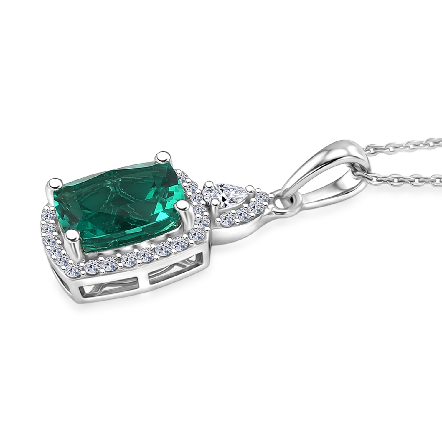 Luxuriant - AAA Lab Grown Colombian Emerald &amp; Lab Grown Diamond (SI-G-H) Halo Pendant with Chain (Size 20) in Rhodium Overlay Sterling Silver 3.37 Ct. 4487772 4
