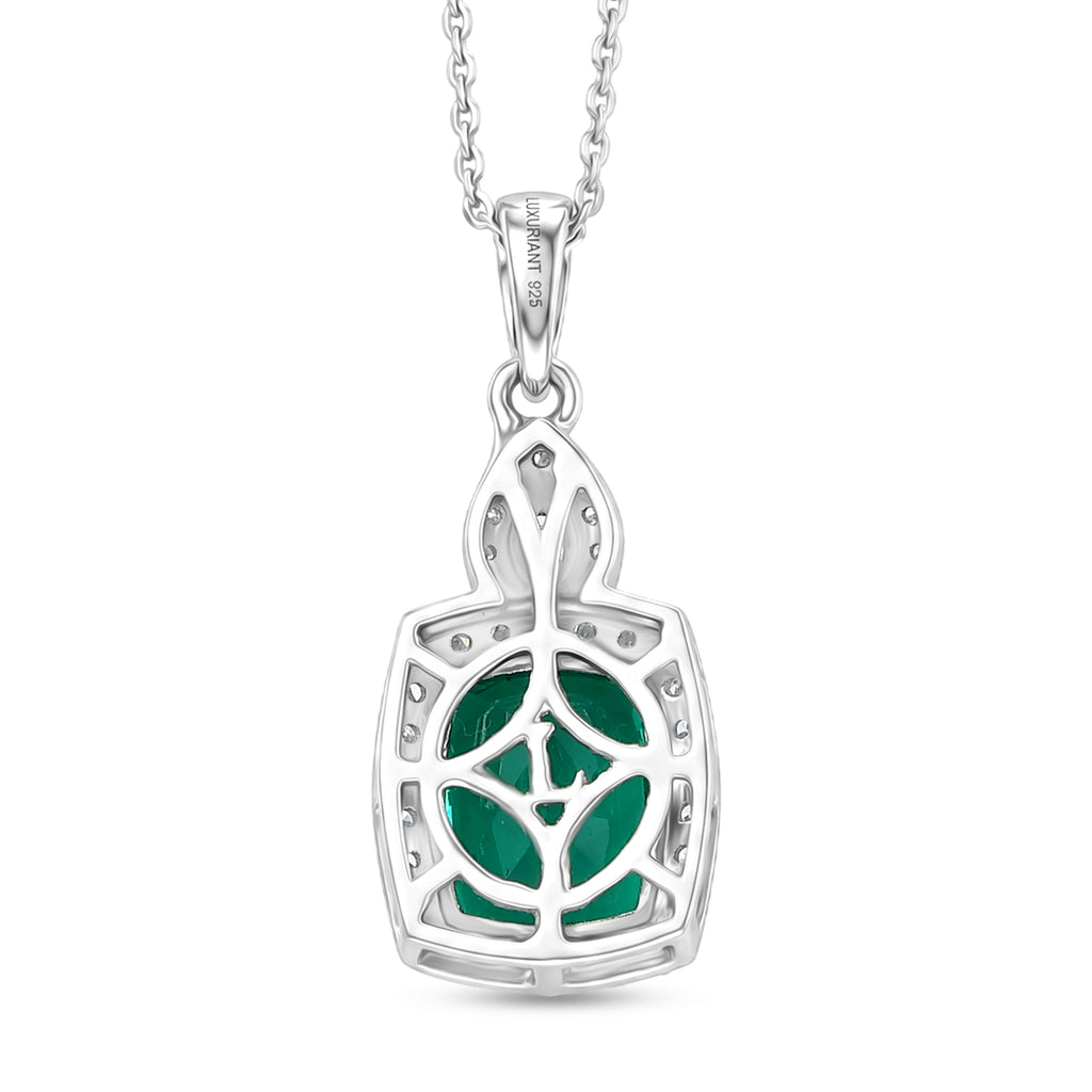 Luxuriant - AAA Lab Grown Colombian Emerald & Lab Grown Diamond (SI/G-H) Halo Pendant with Chain (Size 20) in Rhodium Overlay Sterling Silver 3.37 Ct._4487772_4