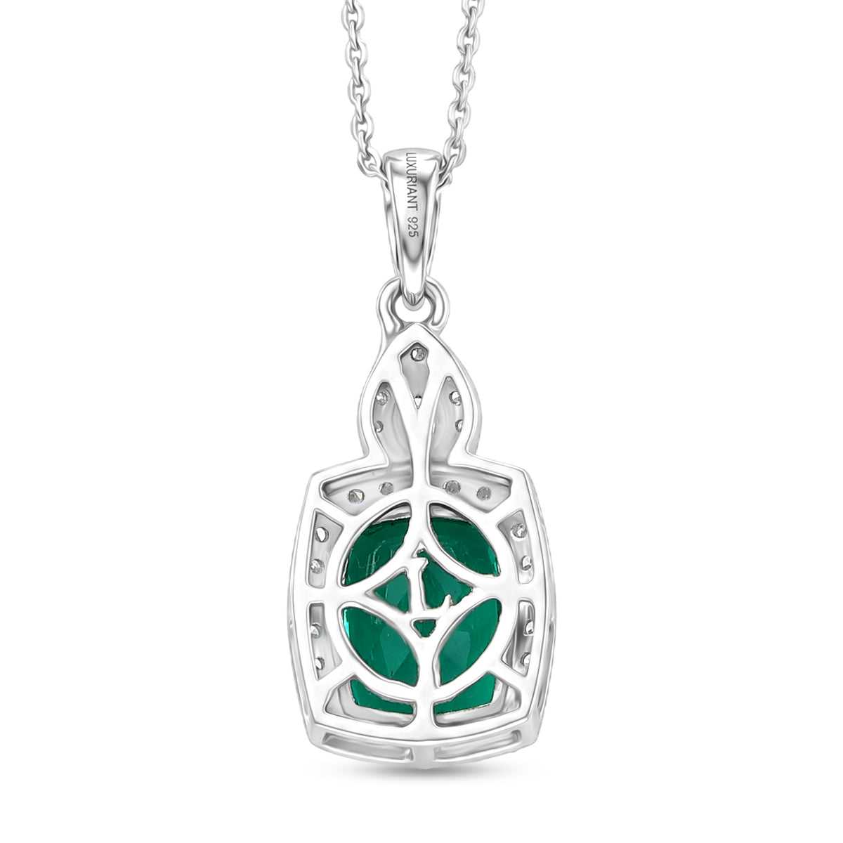 Luxuriant - AAA Lab Grown Colombian Emerald &amp; Lab Grown Diamond (SI-G-H) Halo Pendant with Chain (Size 20) in Rhodium Overlay Sterling Silver 3.37 Ct. 4487772 5