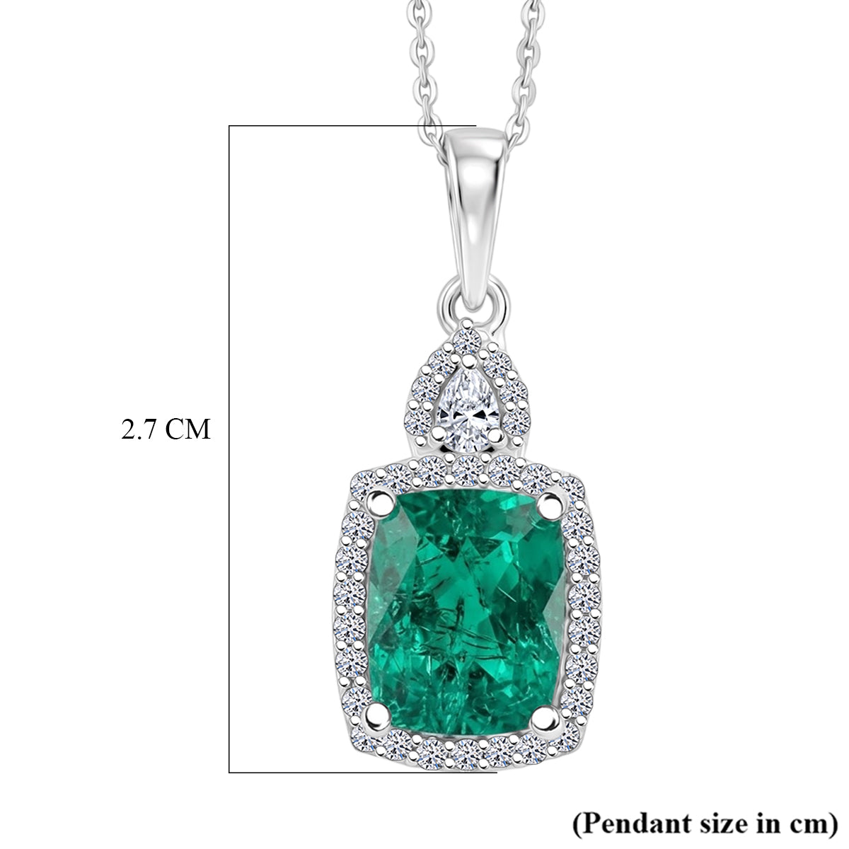 Luxuriant - AAA Lab Grown Colombian Emerald &amp; Lab Grown Diamond (SI-G-H) Halo Pendant with Chain (Size 20) in Rhodium Overlay Sterling Silver 3.37 Ct. 4487772 6