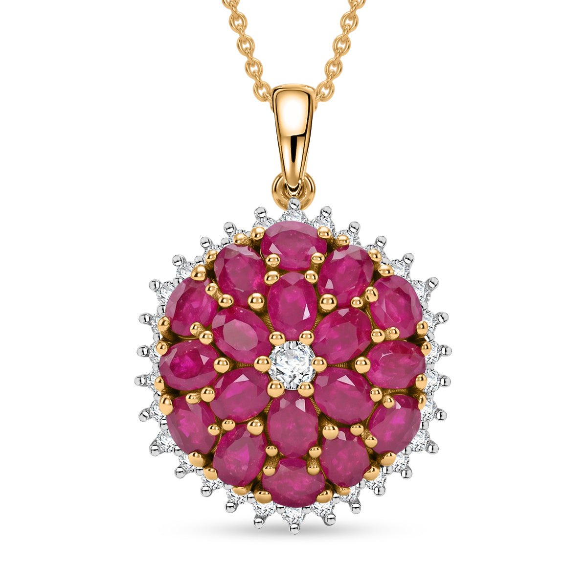 AAA African Ruby &amp; Lab Grown Diamond (SI/G-H) Cluster Floral Pendant with Chain (Size 20) in 18K Vermeil Yellow Gold Plated Sterling Silver 5.70 Ct. V32522363 0