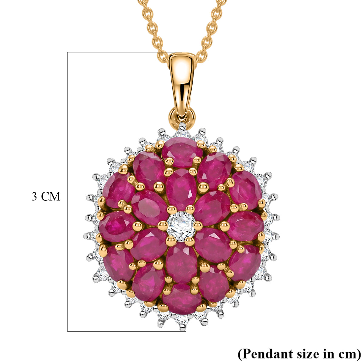 AAA African Ruby &amp; Lab Grown Diamond (SI/G-H) Cluster Floral Pendant with Chain (Size 20) in 18K Vermeil Yellow Gold Plated Sterling Silver 5.70 Ct. V32522363 4