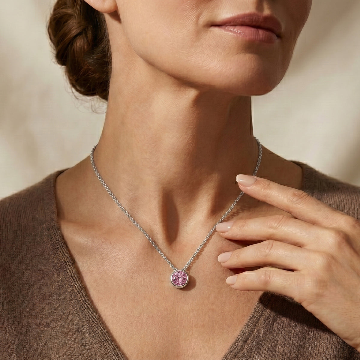 Pink Moissanite Solitaire Pendant in Rhodium Overlay Sterling Silver with Chain (Size 20) V32516212 1