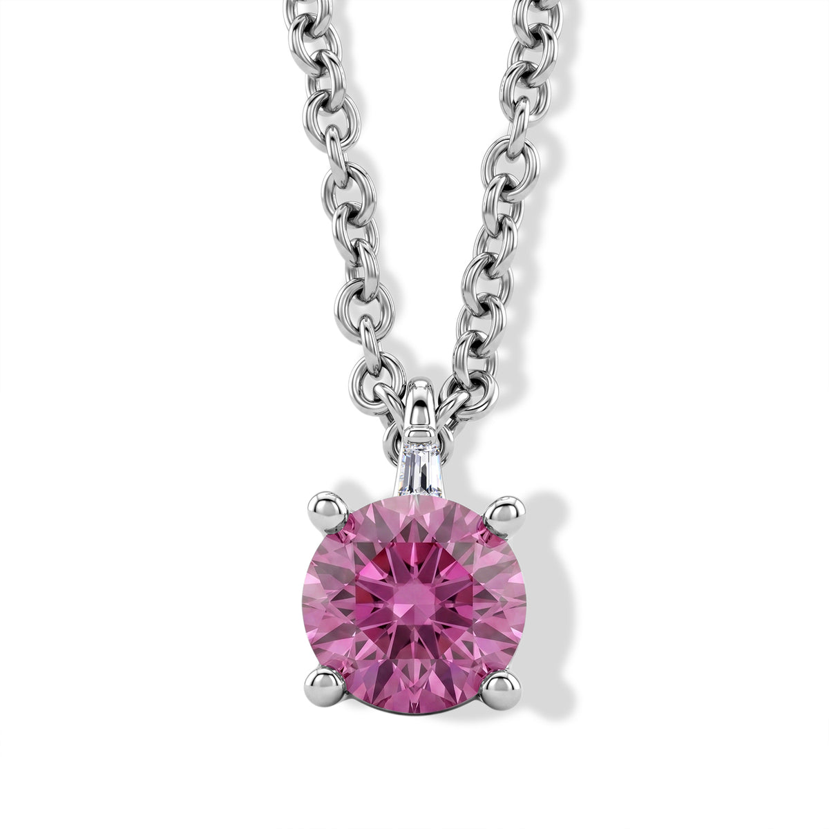 Pink Moissanite &amp; Moissanite Solitaire Pendant in Rhodium Overlay Sterling Silver with Chain (Size 20) V32521258 0