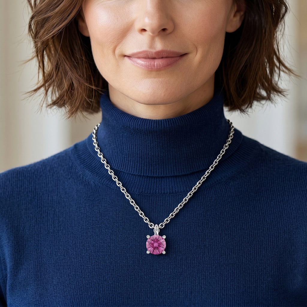 Pink Moissanite & Moissanite Solitaire Pendant in Rhodium Overlay Sterling Silver with Chain (Size 20)_4488198_1