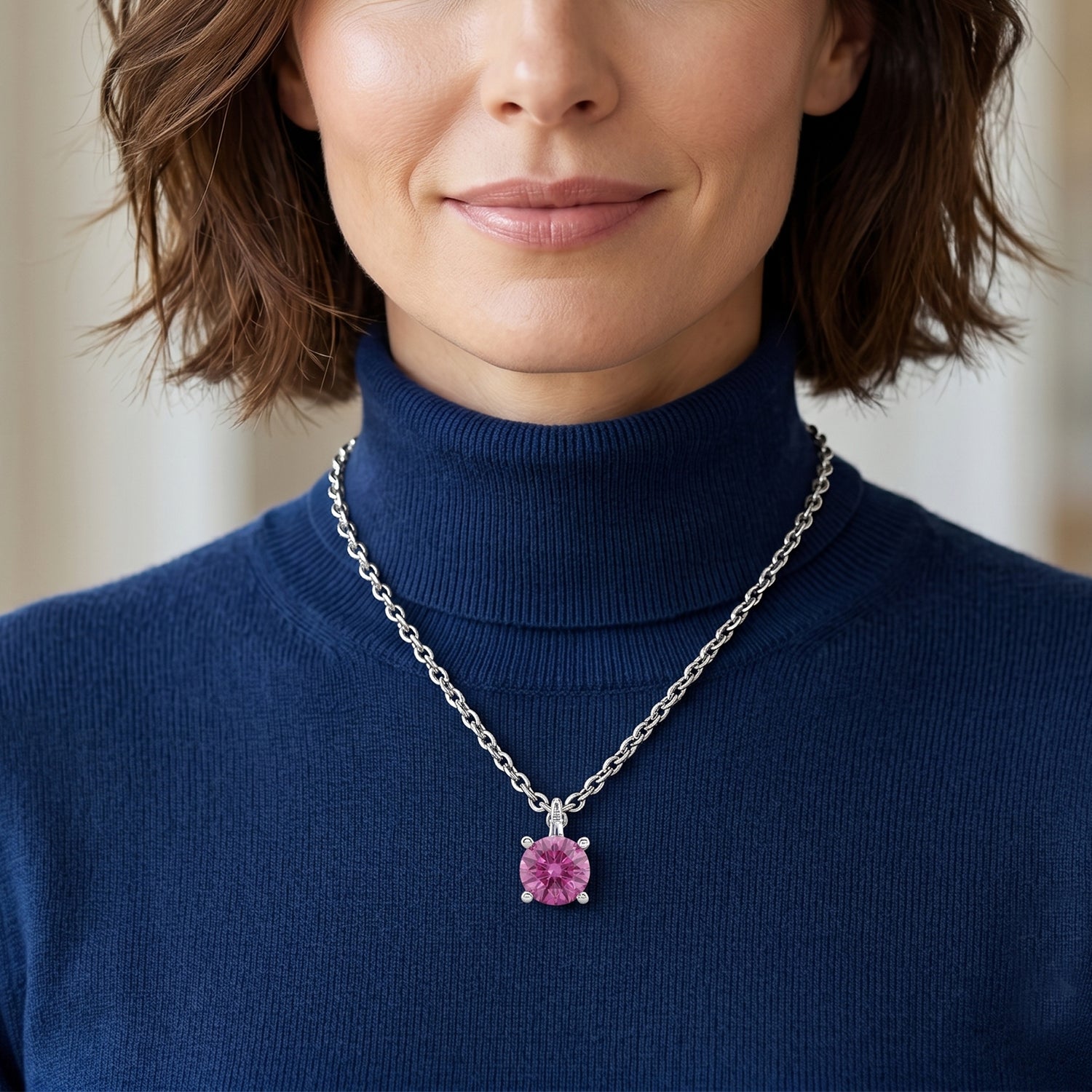 Pink Moissanite &amp; Moissanite Solitaire Pendant in Rhodium Overlay Sterling Silver with Chain (Size 20) V32521258 2
