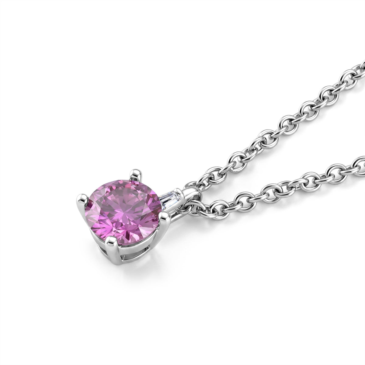 Pink Moissanite &amp; Moissanite Solitaire Pendant in Rhodium Overlay Sterling Silver with Chain (Size 20) V32521258 4