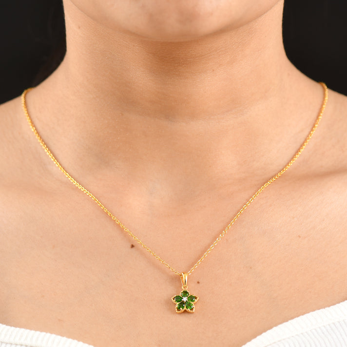 Luxuriant - Natural Chrome Diopside &amp; Lab Grown Diamond (SI-G-H) Floral Drop Pendant in Yellow Gold Plated Sterling Silver with Chain (Size 20) 0.85 Ct. 4488486 2