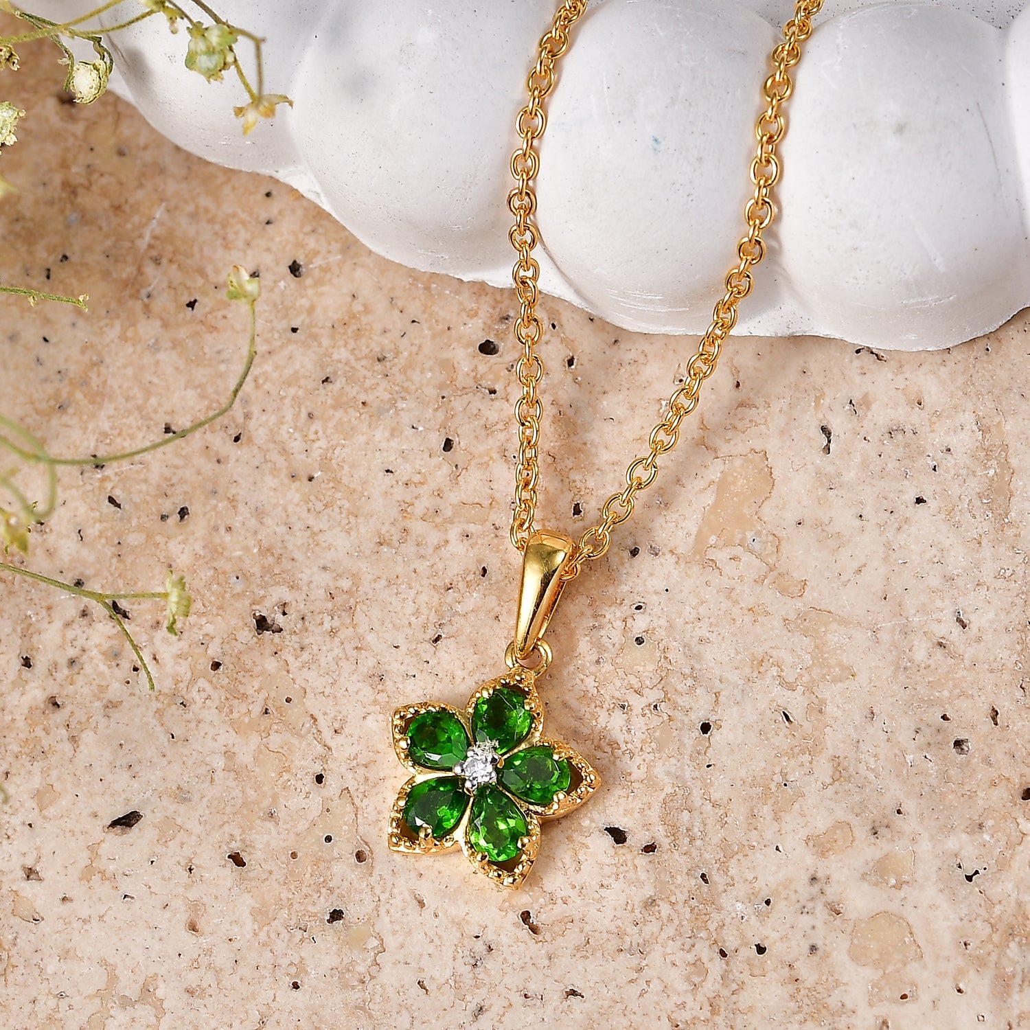 Luxuriant - Natural Chrome Diopside &amp; Lab Grown Diamond (SI-G-H) Floral Drop Pendant in Yellow Gold Plated Sterling Silver with Chain (Size 20) 0.85 Ct. V32338108 2
