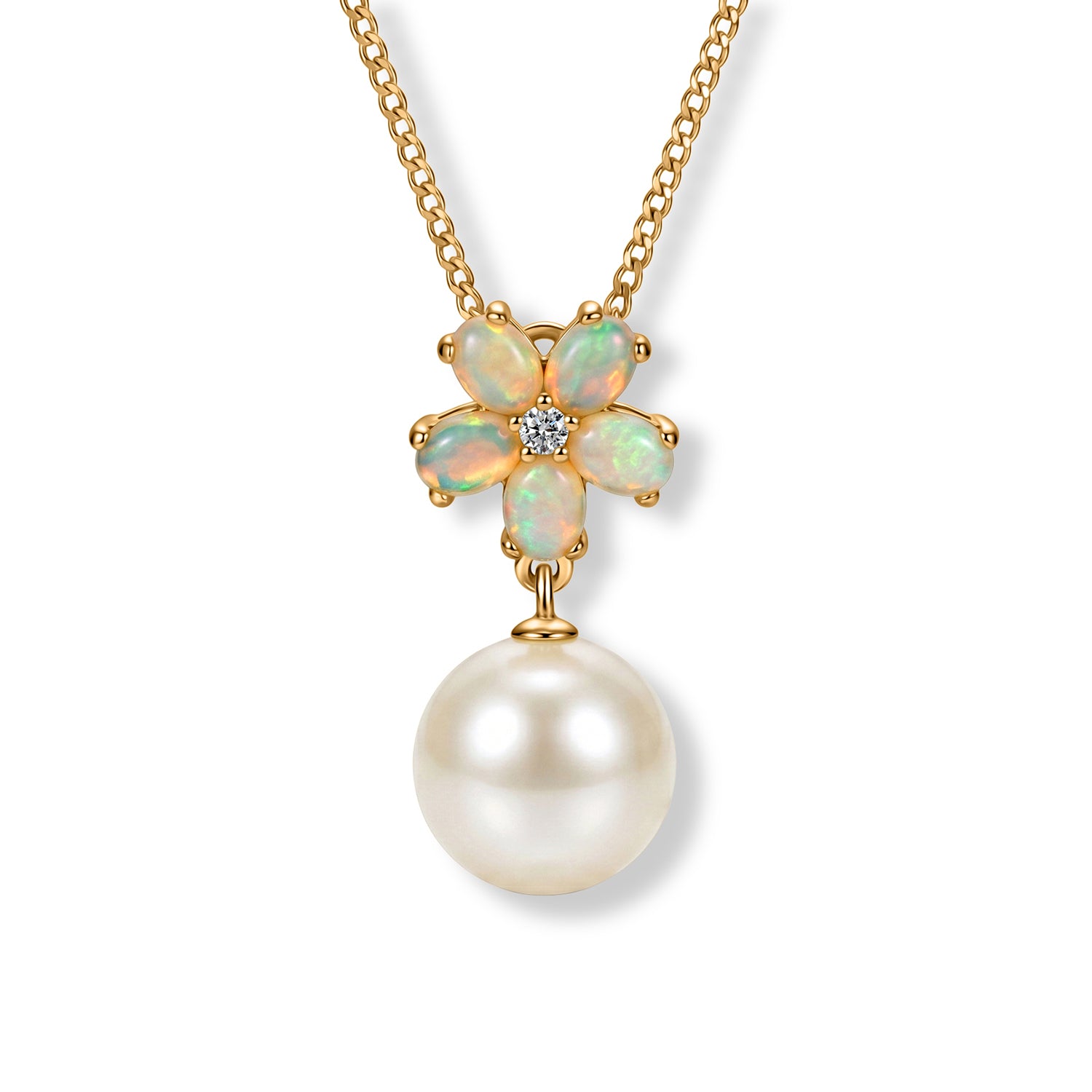 D'Joy - Premium White Edison Pearl (10-11mm), Ethiopian Opal &amp; White Zircon Floral Drop Pendant with Chain (Size 18) in Yellow Gold Plated Sterling Silver 8.54 Ct. 4488536 0