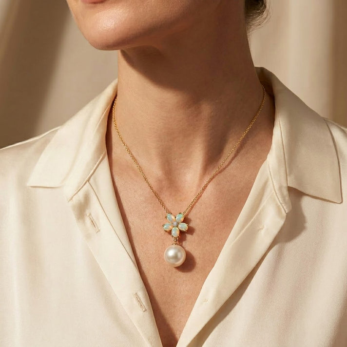 D'Joy - Premium White Edison Pearl (10-11mm), Ethiopian Opal &amp; White Zircon Floral Drop Pendant with Chain (Size 18) in Yellow Gold Plated Sterling Silver 8.54 Ct. 4488536 2