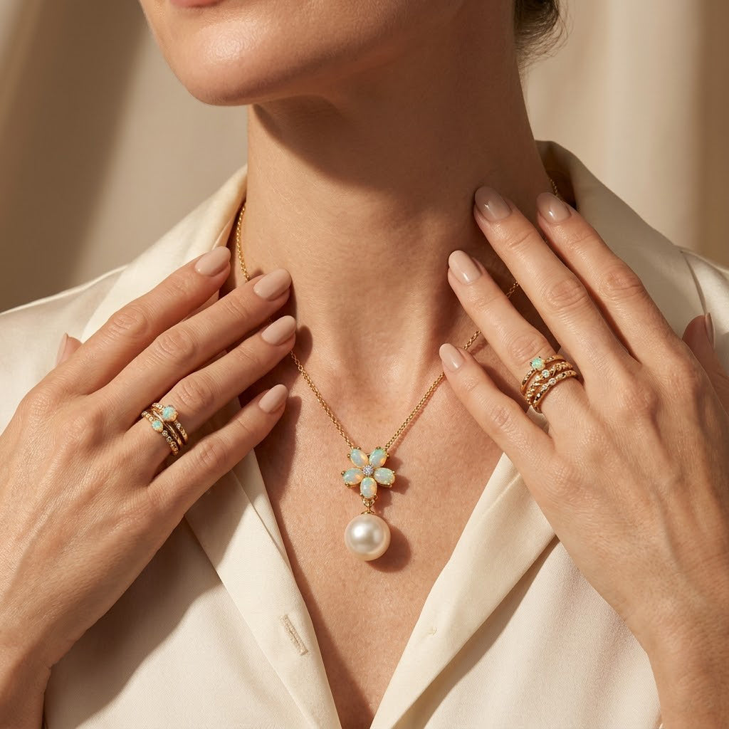 D'Joy - Premium White Edison Pearl (10-11mm), Ethiopian Opal &amp; White Zircon Floral Drop Pendant with Chain (Size 18) in Yellow Gold Plated Sterling Silver 8.54 Ct. 4488536 3