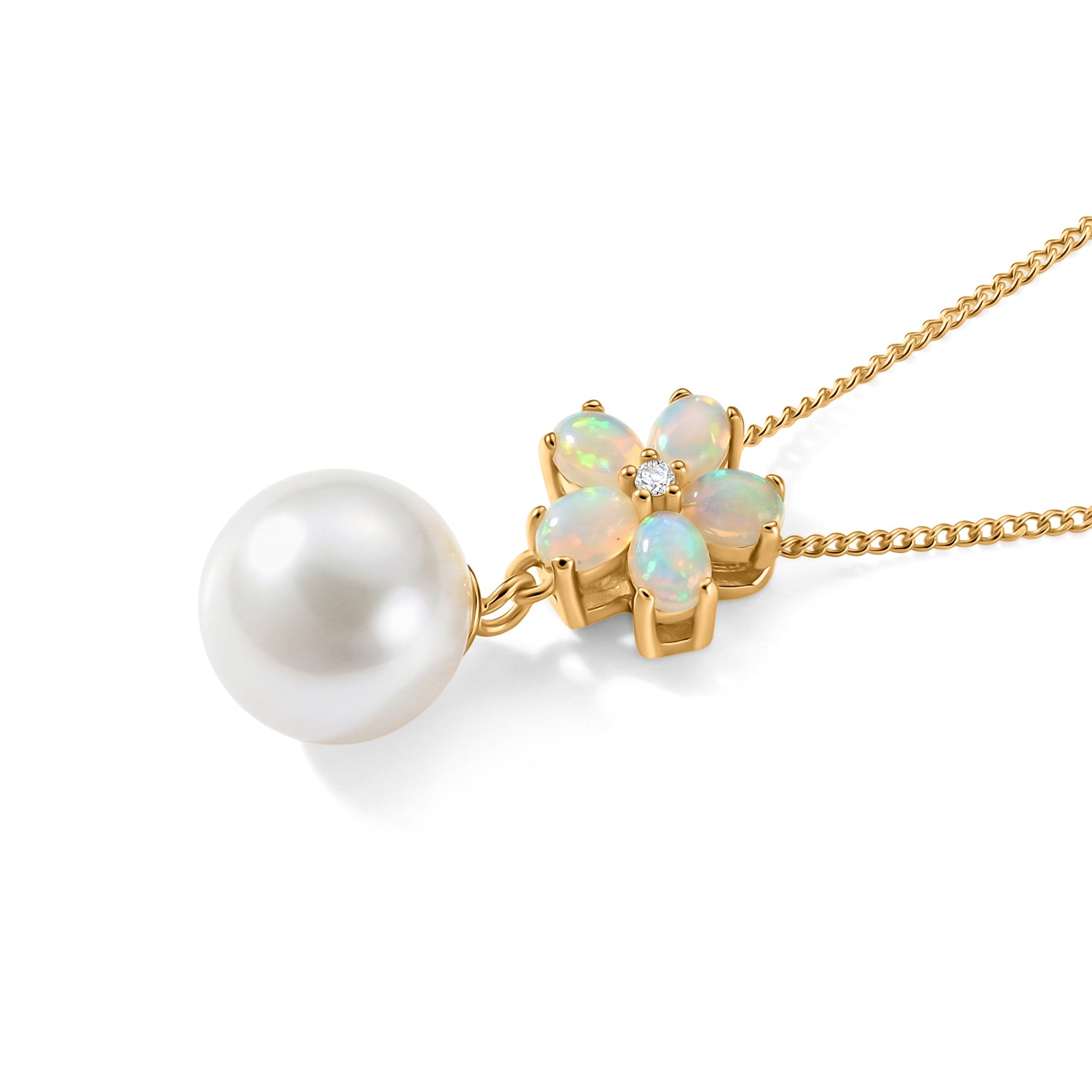 D'Joy - Premium White Edison Pearl (10-11mm), Ethiopian Opal &amp; White Zircon Floral Drop Pendant with Chain (Size 18) in Yellow Gold Plated Sterling Silver 8.54 Ct. 4488536 4