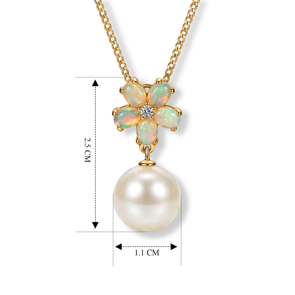 D'Joy - Premium White Edison Pearl (10-11mm), Ethiopian Opal & White Zircon Floral Drop Pendant with Chain (Size 18) in Yellow Gold Plated Sterling Silver 8.54 Ct._4488536_5