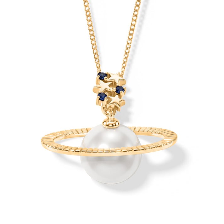 D'Joy - Premium White Edison Pearl (10-11mm) &amp; Blue Sapphire Celestial Pendant with Chain (Size 18) in Yellow Gold Plated Sterling Silver 7.60 Ct. 4488539 1