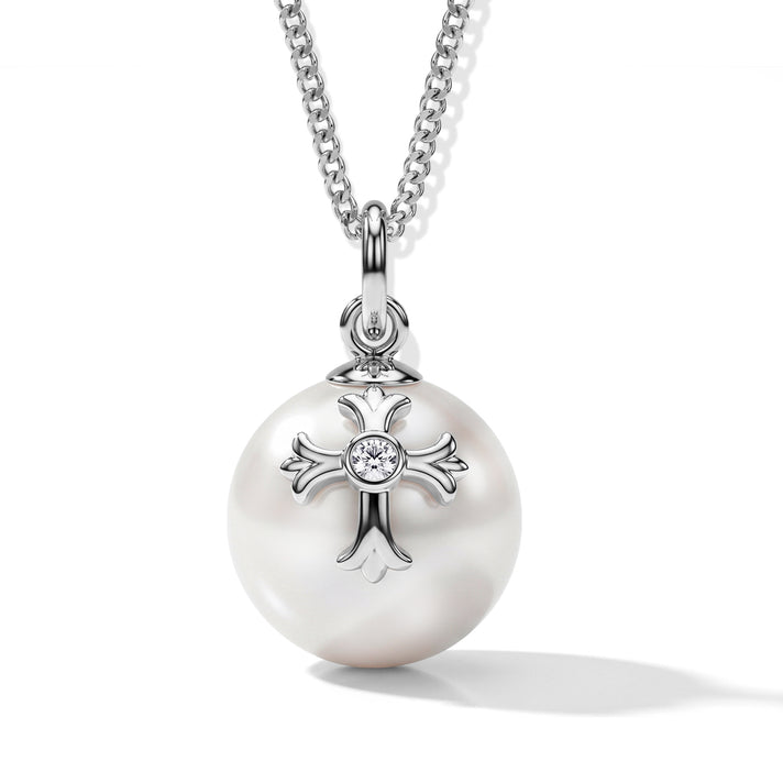 D'Joy - Premium White Edison Pearl (10-11mm) &amp; Lab Grown Diamond Cross on Ball Pendant with Chain (Size 18) in Rhodium Overlay Sterling Silver 10.50 Ct. 4488542 1