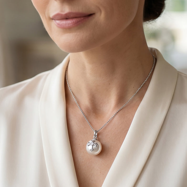 D'Joy - Premium White Edison Pearl (10-11mm) &amp; Lab Grown Diamond Cross on Ball Pendant with Chain (Size 18) in Rhodium Overlay Sterling Silver 10.50 Ct. 4488542 2