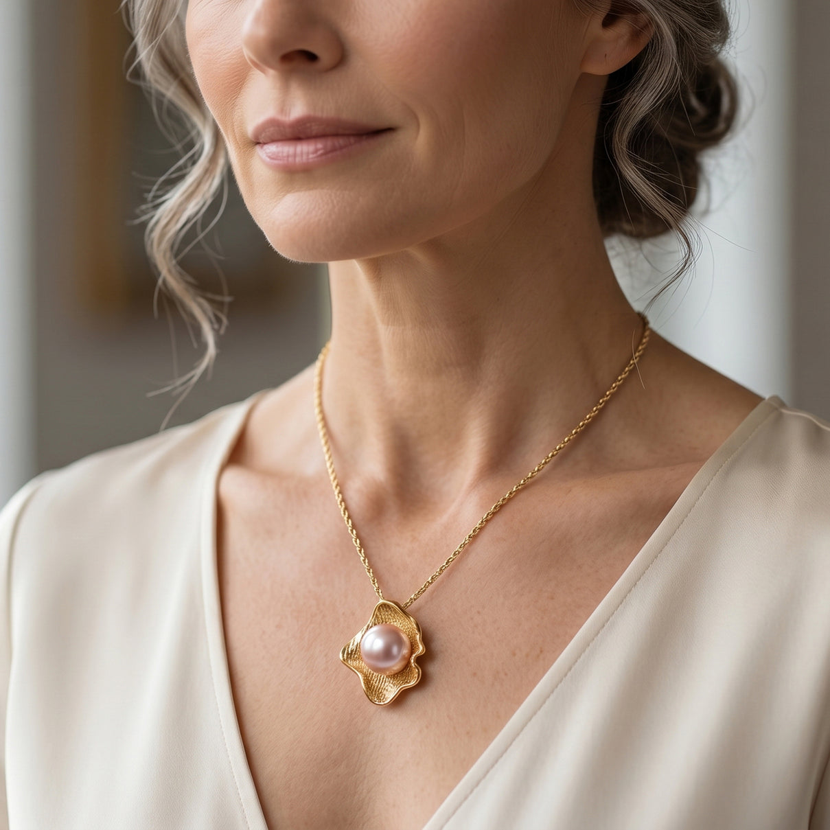 D'Joy - AAA Peach Edison (9-10mm) Ball Pendant with Chain (Size 18) in Yellow Gold Plated Sterling Silver 5.90 Ct. 4488547 2