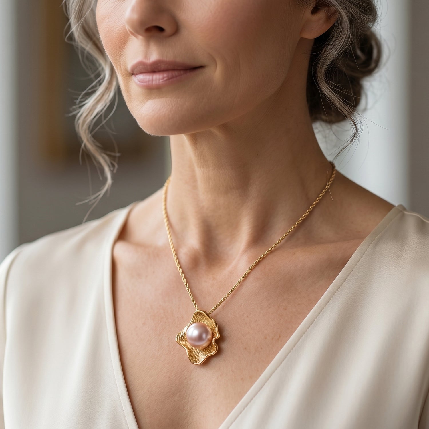 D'Joy - AAA Peach Edison (9-10mm) Ball Pendant with Chain (Size 18) in Yellow Gold Plated Sterling Silver 5.90 Ct. 4488547 2