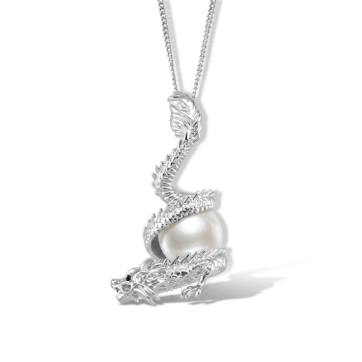D'Joy - Premium White Edison Pearl (10-11mm) &amp; Black Spinel Dragon Pendant with Chain (Size 18) in Rhodium Overlay Sterling Silver 7.60 Ct. 4488550 1