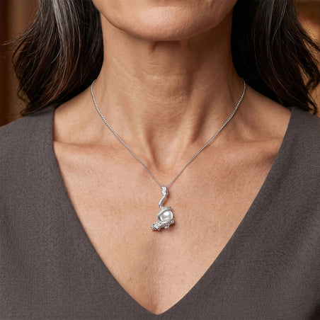D'Joy - Premium White Edison Pearl (10-11mm) &amp; Black Spinel Dragon Pendant with Chain (Size 18) in Rhodium Overlay Sterling Silver 7.60 Ct. 4488550 2