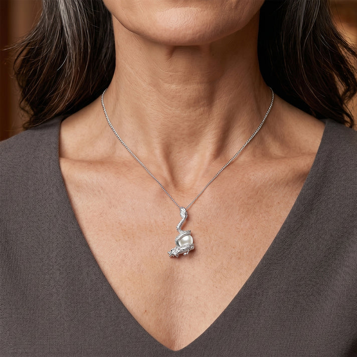 D'Joy - Premium White Edison Pearl (10-11mm) &amp; Black Spinel Dragon Pendant with Chain (Size 18) in Rhodium Overlay Sterling Silver 7.60 Ct. 4488550 2