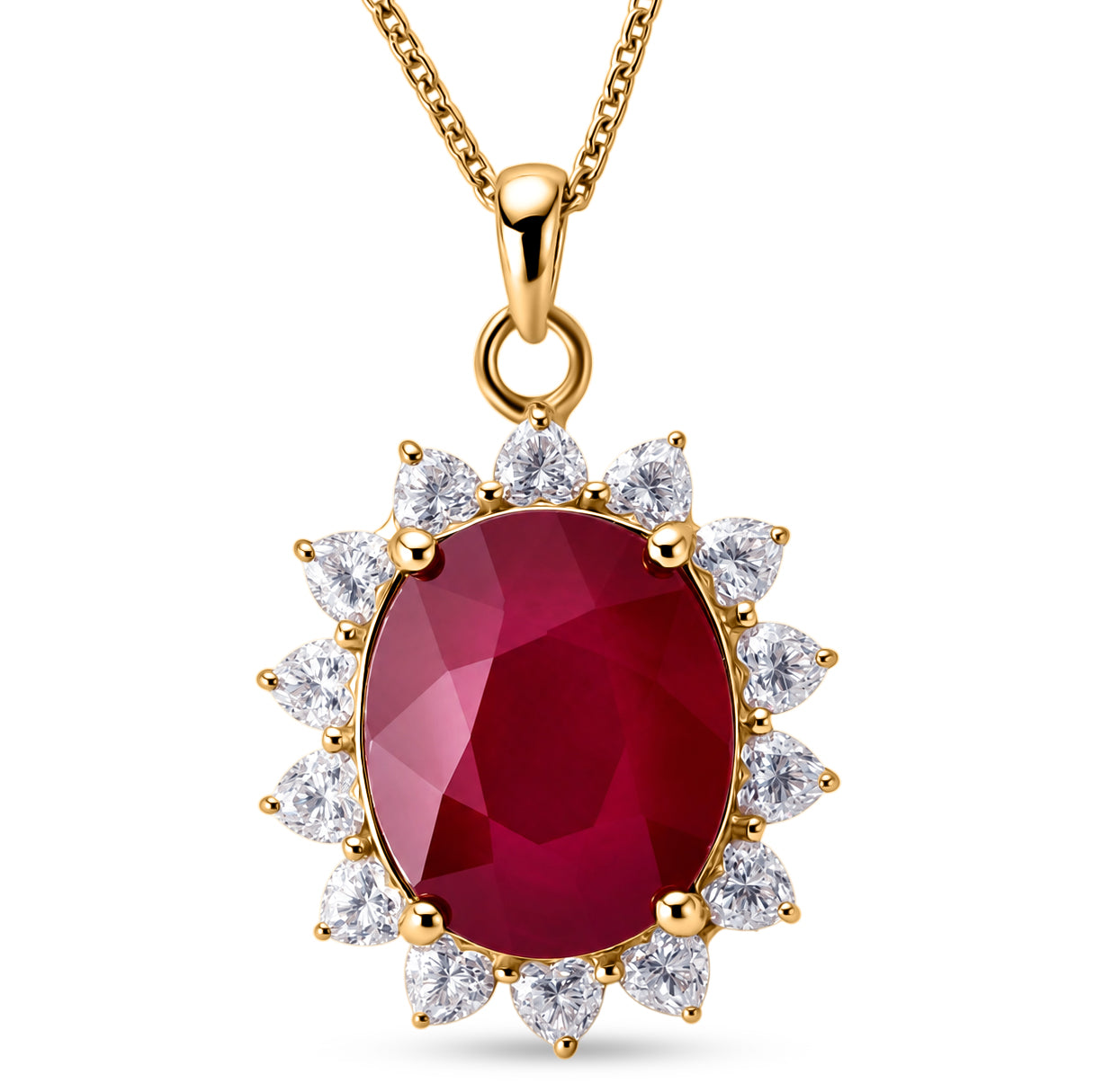 GRAND STATEMENT MIRAGE COLLECTION - AAA African Ruby &amp; Moissanite Halo Pendant with Chain (Size 20) in 18K Vermeil Yellow Gold Plated Sterling Silver 7.90 Ct. V32515223 0